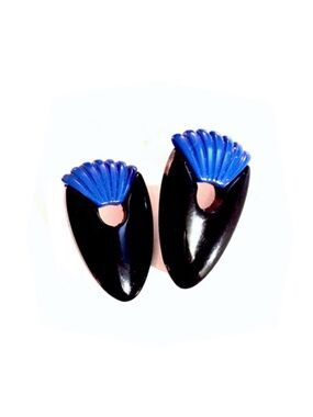 Vintage Enameled Teardrop Post Earrings with Deco Fan Accent - Black & Cobalt